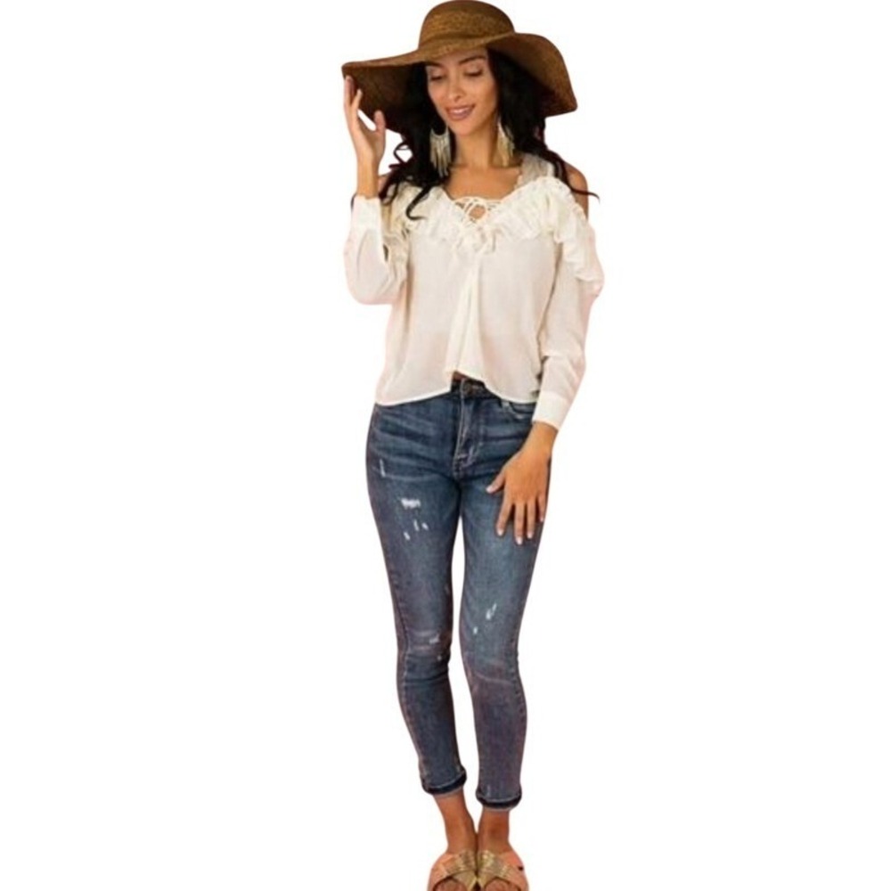 Joyfolie Charlie Top Cream Cold Shoulder Ruffle Tie Neck M Boho Romantic NWT